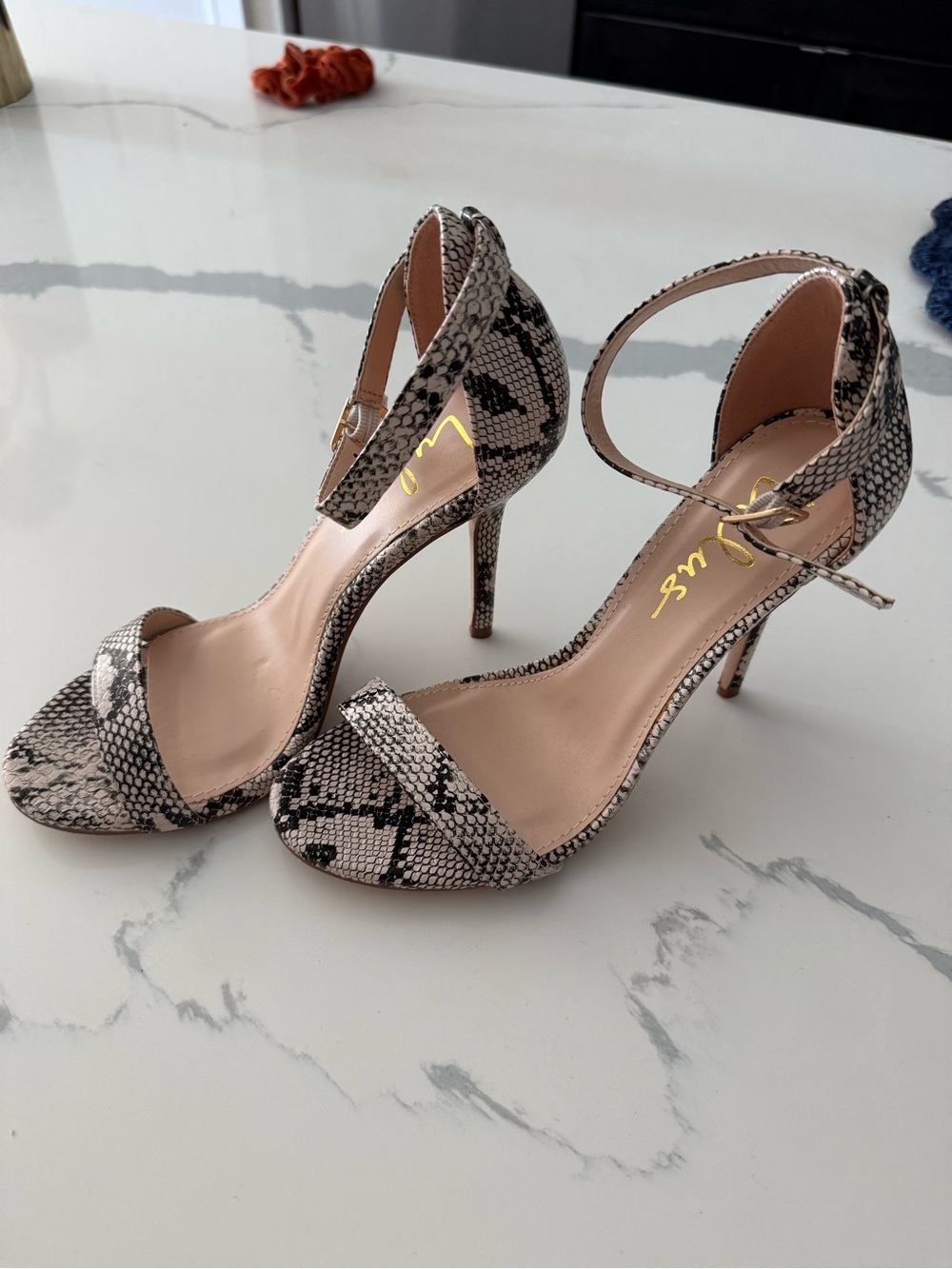 Lulu's Snake-Print Ankle Strap Heels in Black and Cream
